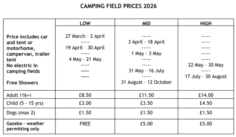 Camping field prices 2026